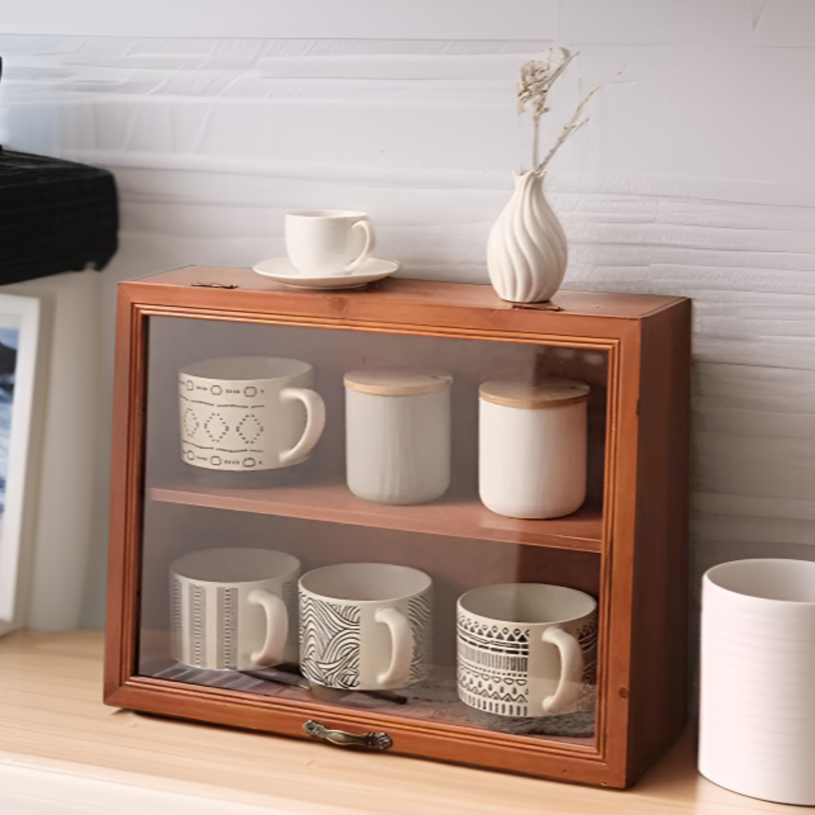 デスクトップコーヒーカップ収納ボックスマグカップティーセットディスプレイキャビネット無垢材ウォーターカップ化粧品アイテムレトロ蓋付き
