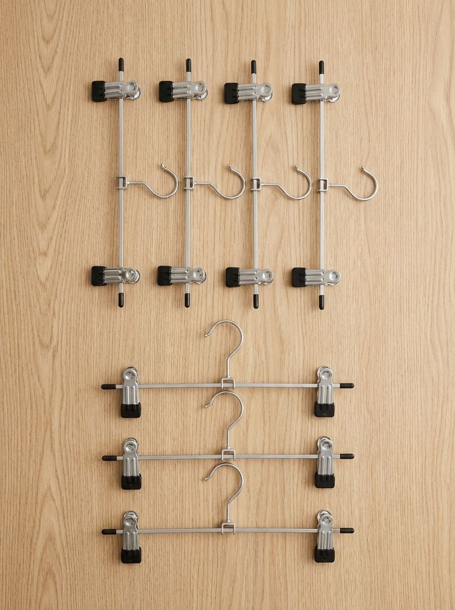 Anti-crease stainless steel trouser hangers in use