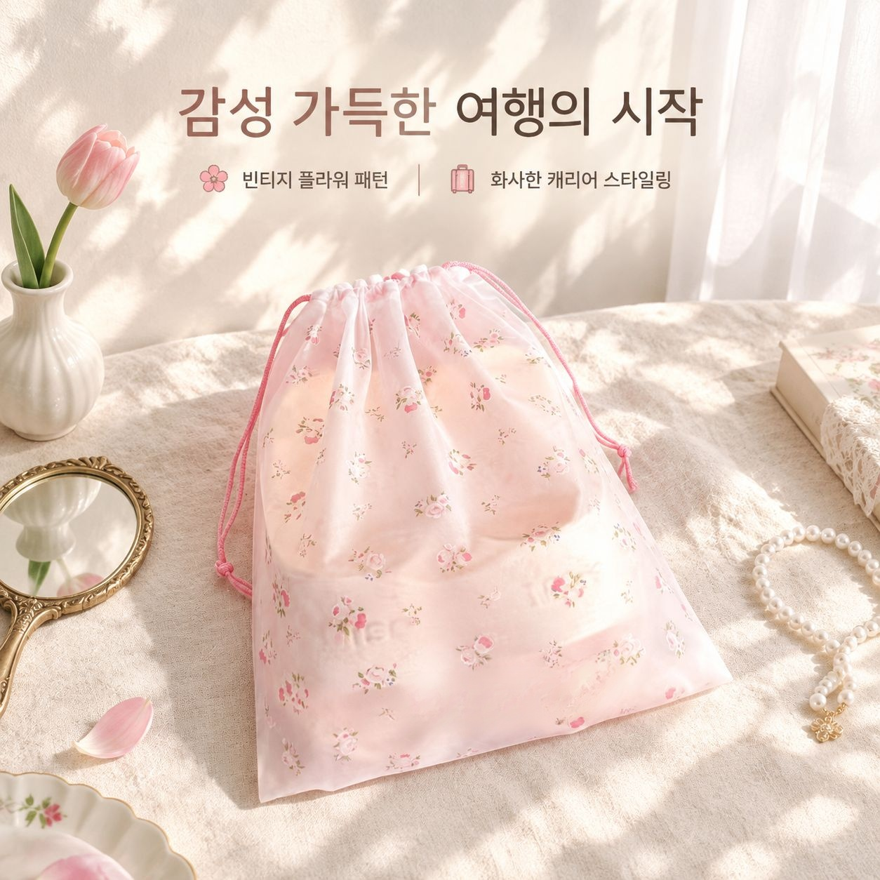 여행복과 신발을 보관할 수 있는 조임끈형 가방