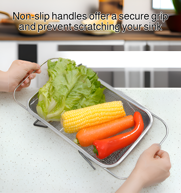 Adjustable stainless steel drain basket holding fresh vegetables