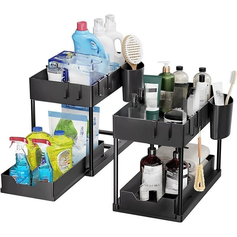 싱크대 아래 슬라이딩 수납 선반 2단 플라스틱 정리대
