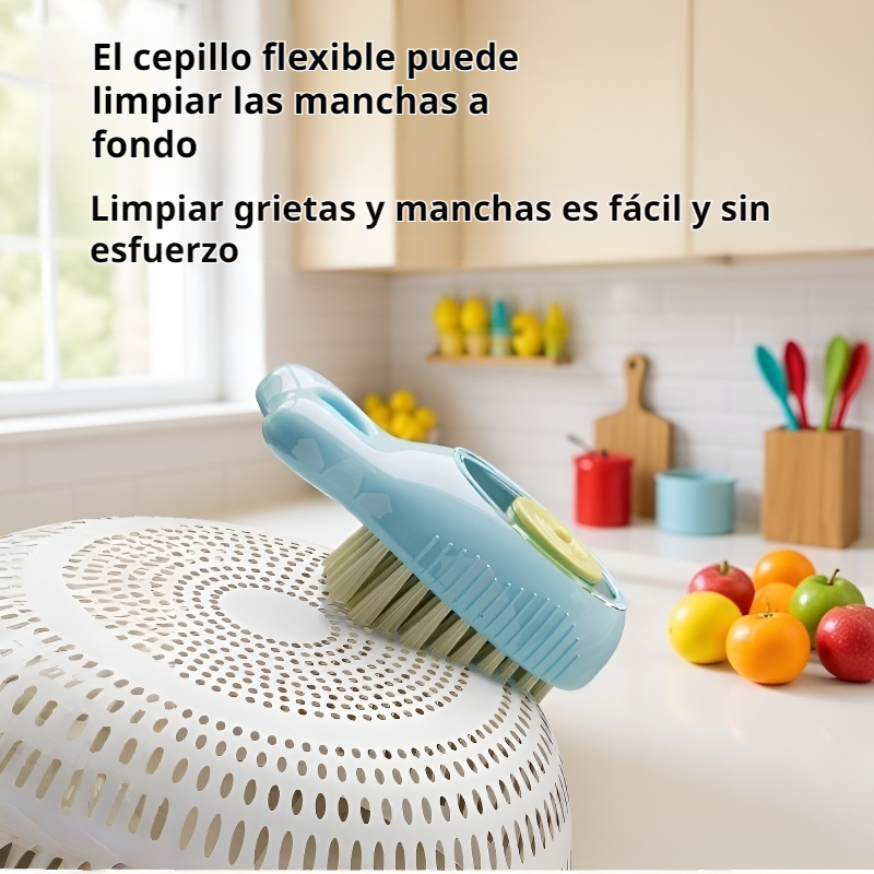 Cepillo limpiador de esquinas para fregadero con depósito de jabón