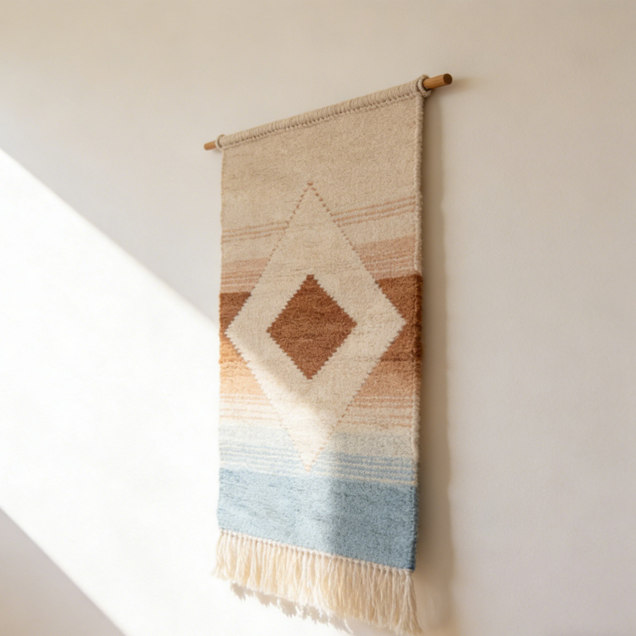 Minimalist modern fabric wall hanging on white wall