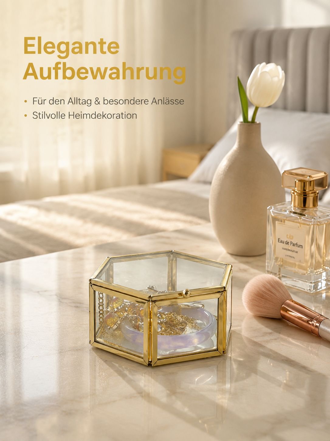 Luxuriöse vergoldete sechseckige Glas Schmuck- und Ringbox Aufbewahrungsbox