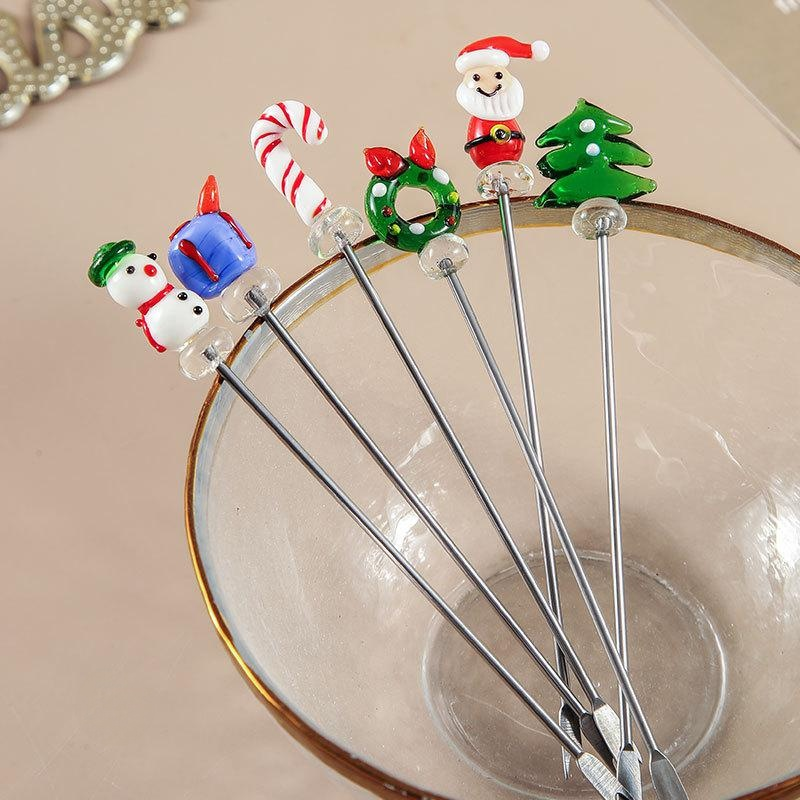 Christmas stainless steel handmade glazed cartoon 2-tooth fruit pick Santa Claus Christmas tree frui