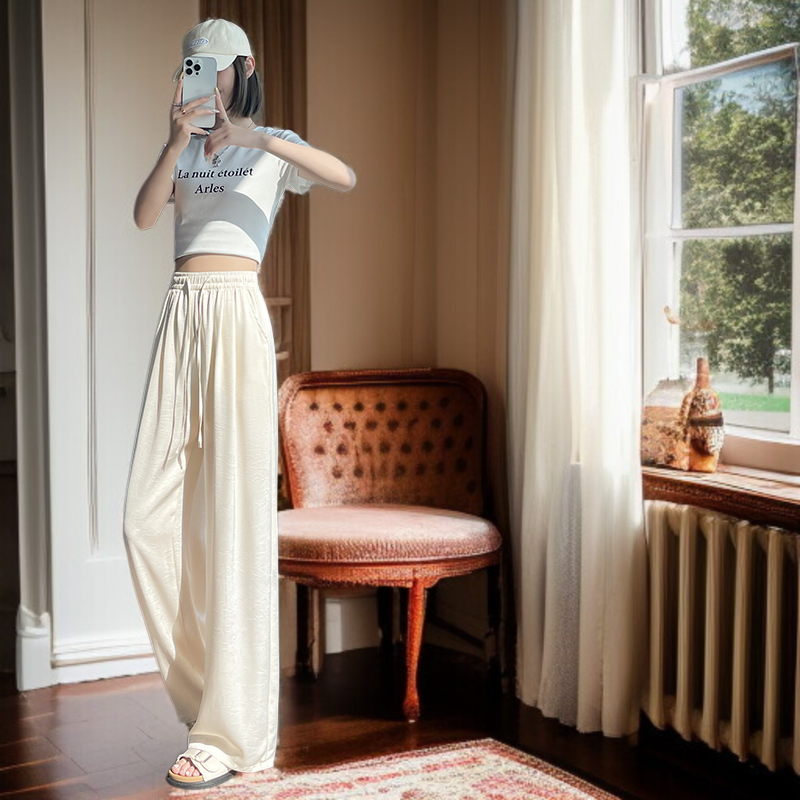 산뜻한 통기성 와이드 팬츠 슬림핏 아이스 와이드 팬츠 봄여름 하이웨스트 얇은 캐주얼 팬츠 여 드롭 자카드 와이드 팬츠