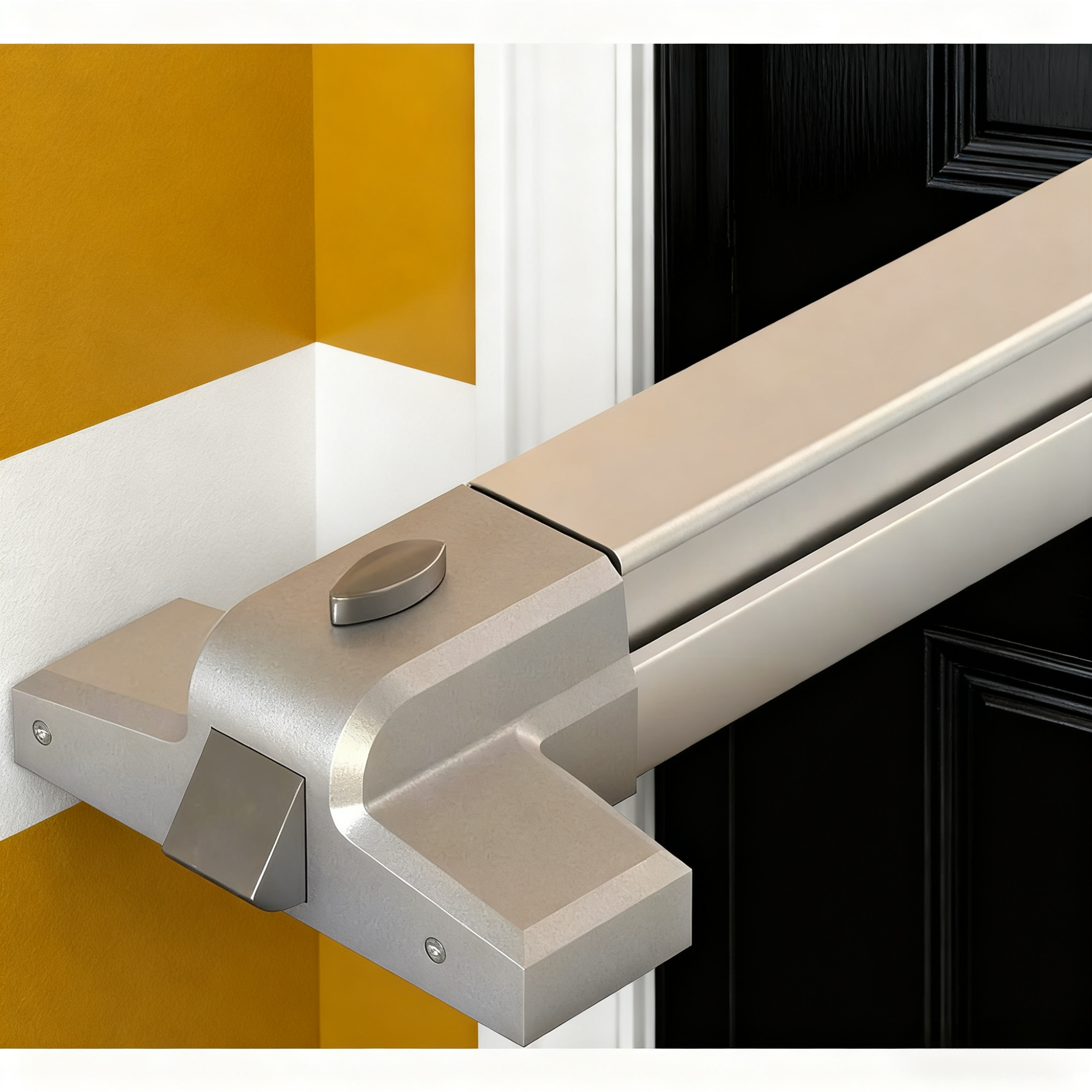Close-up of emergency exit push bar mechanism