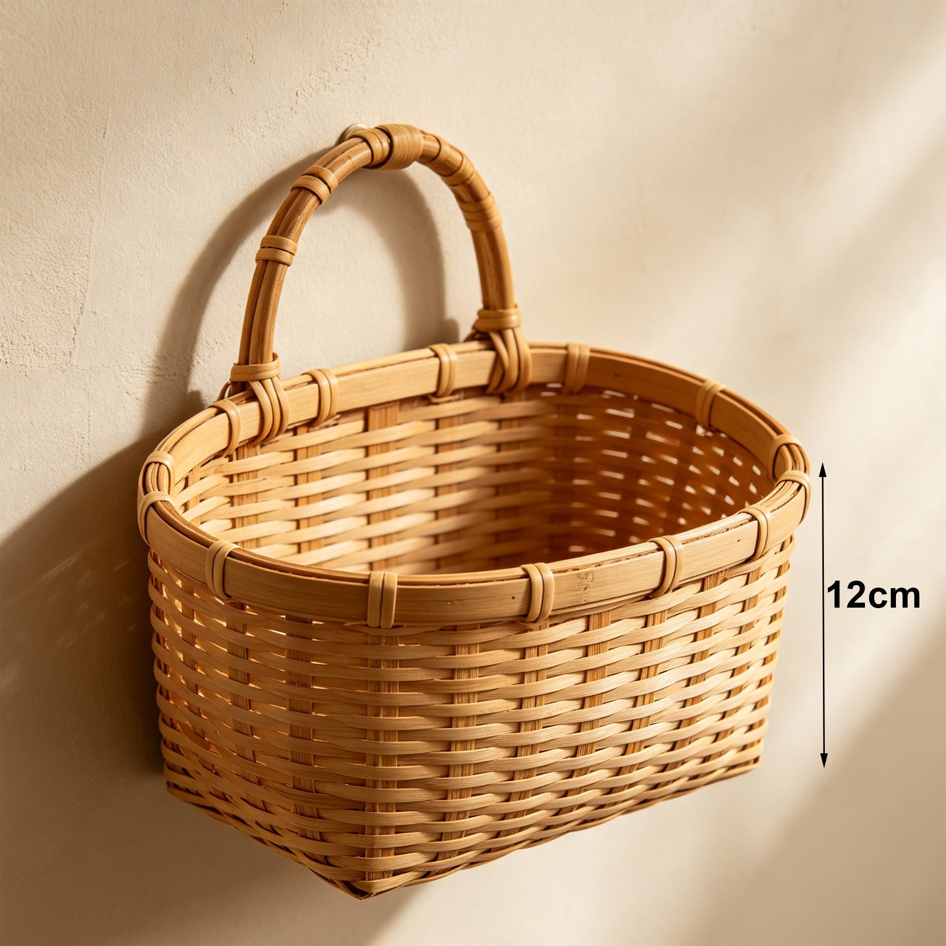 Eco-friendly bamboo woven baskets hanging in a hallway