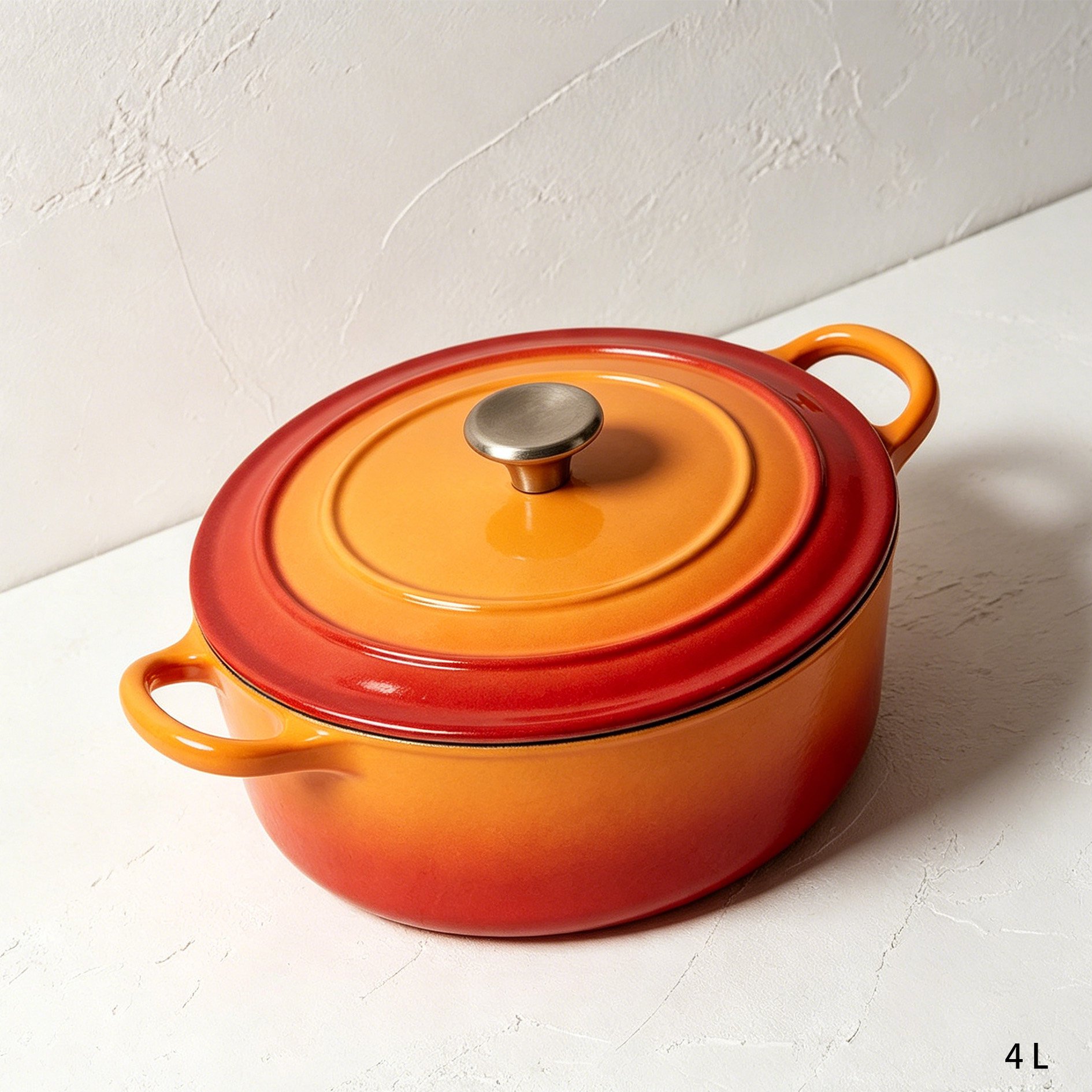 Multifunctional enamel casserole with lid on kitchen table