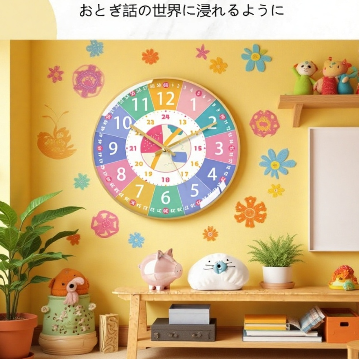 穴あけ不要 壁掛け学習時計 子供用知育壁時計