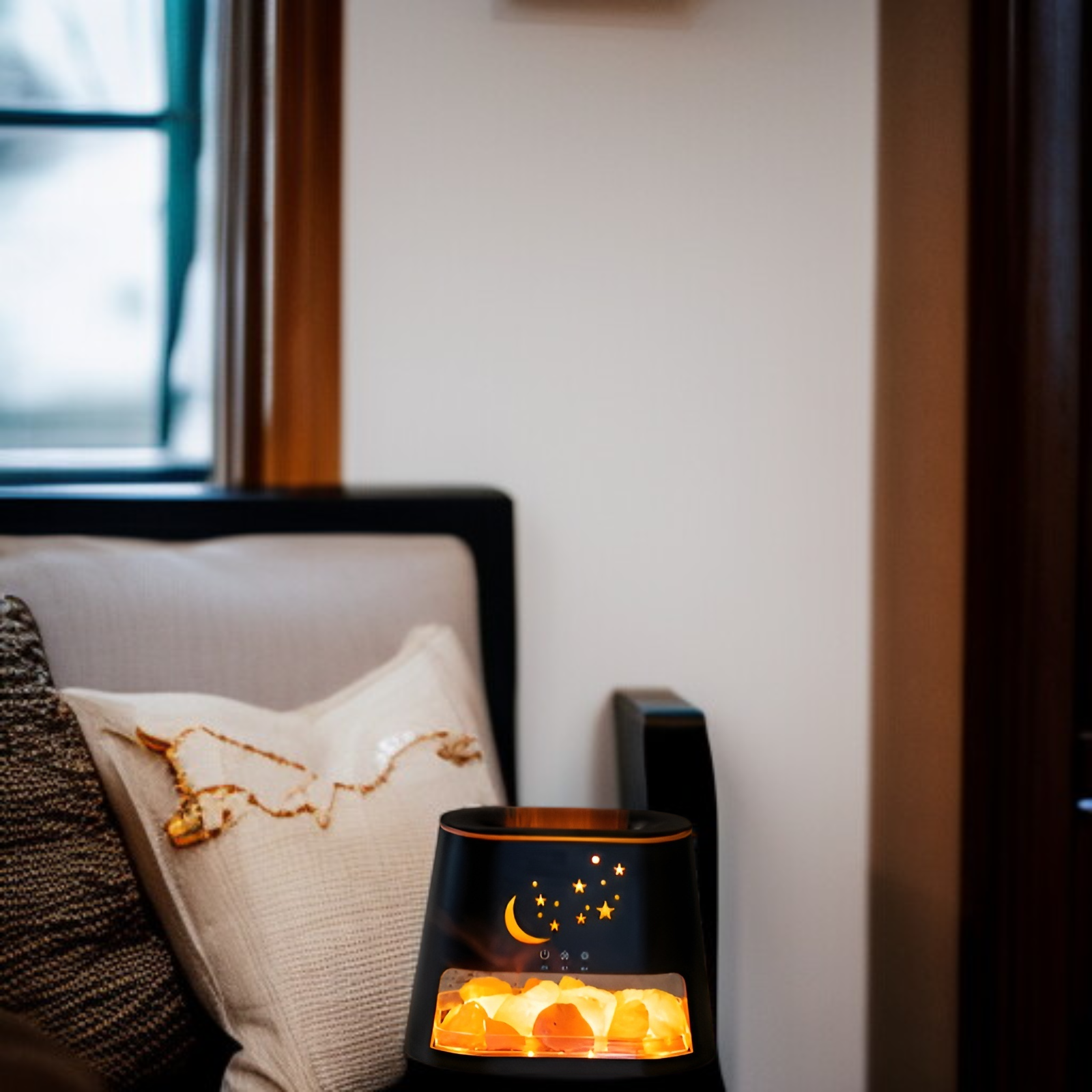 2025年新登場 天然ヒマラヤ岩塩炎アロマセラピーディフューザー 焚き火加湿器 超音波マイナスイオン リモコン付き 3段階調光 乾燥やけど防止 卓上USB大容量ミスト カラフルLEDライト付き エッセ