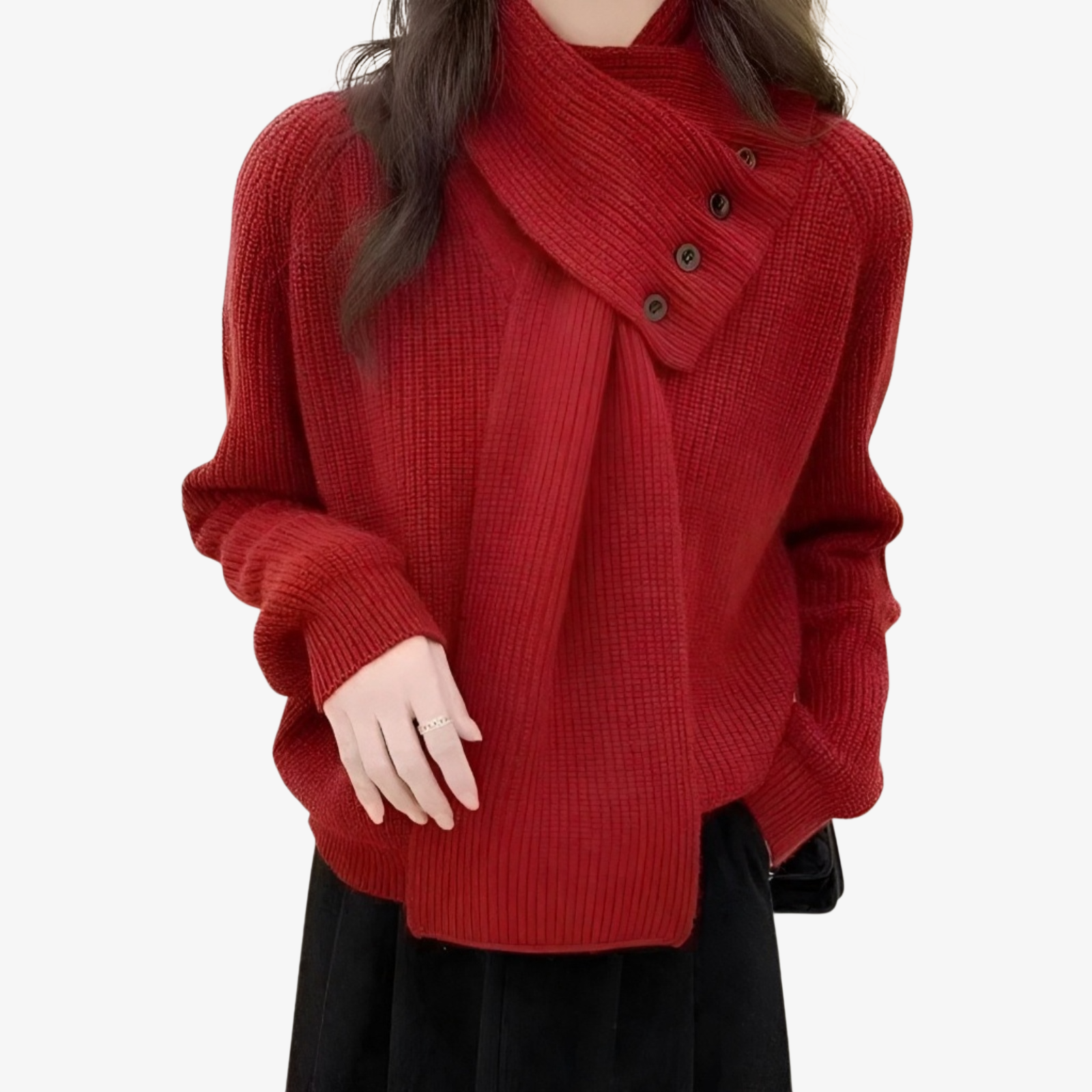 おしゃれなスカーフデザインニットの着用イメージ