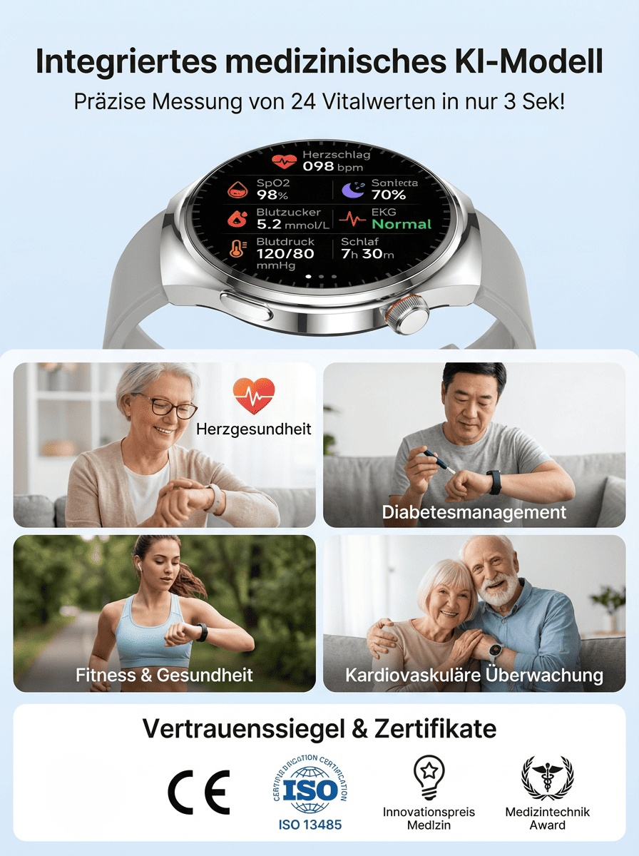 【Von Ärzten empfohlen】Die neueste Generation der Smart-Health-Watch！Messungen lebenslang kostenlos!