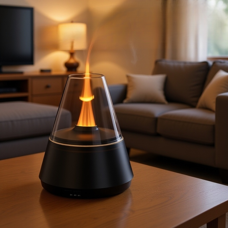 デスクトップの擬似炎アロマディフューザー加湿器、小型家庭用自動エッセンシャルオイルスプレー、7色のアンビエントライト付き