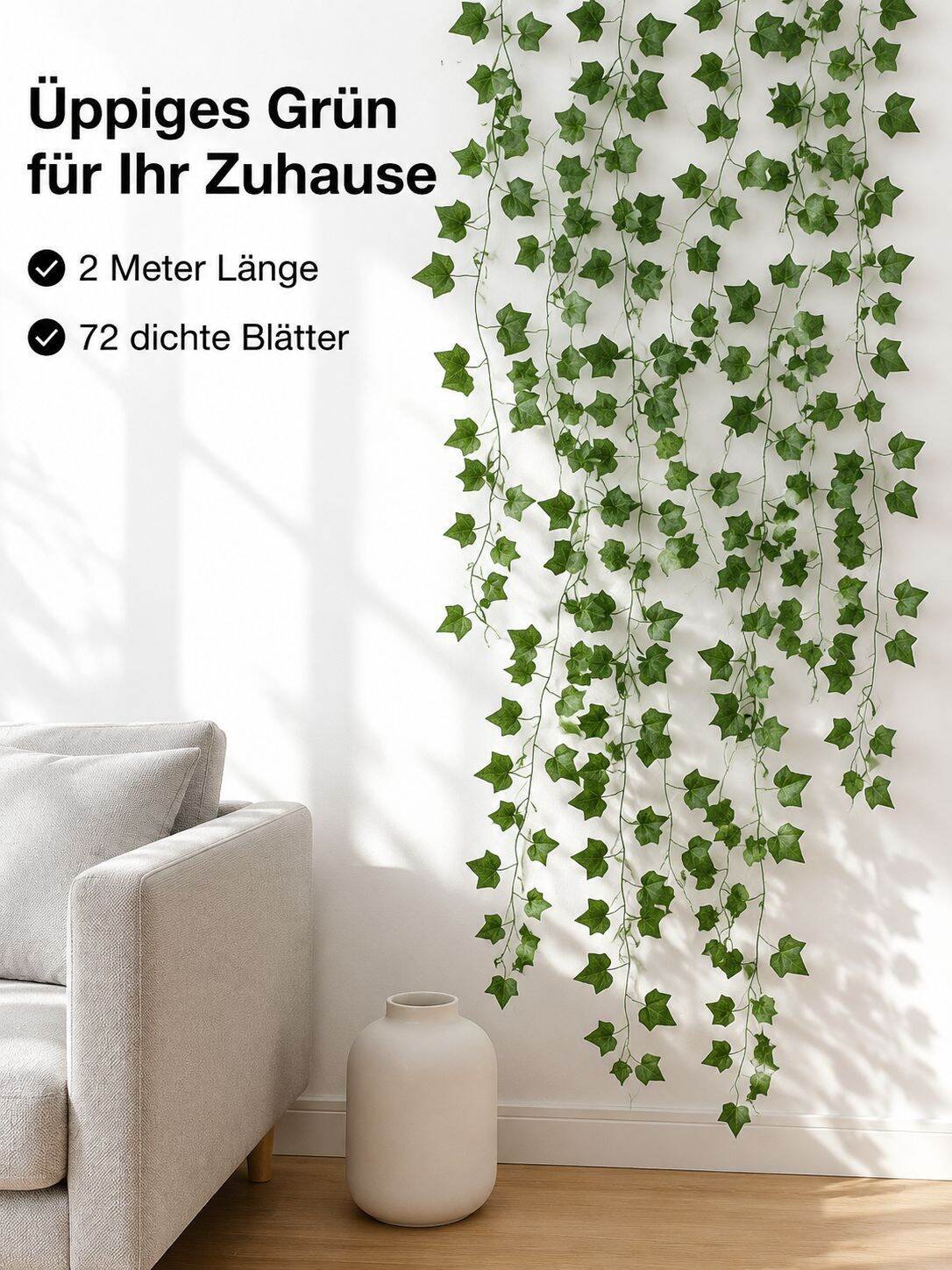 Künstliche Efeuranke mit 72 Blättern, künstlich bedruckt, für Wohnzimmer, Balkon, Wand und Außendeko