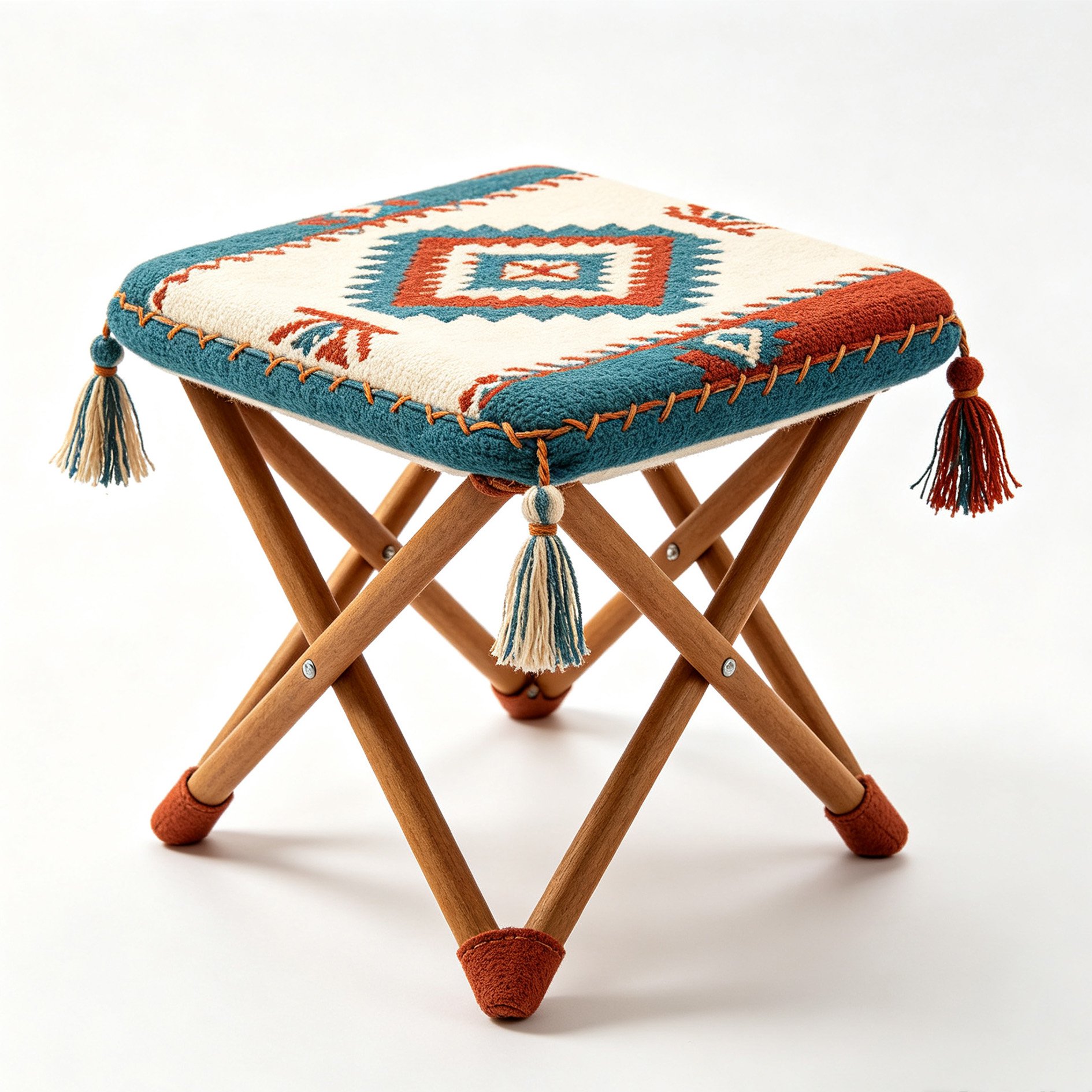 Folding Stool with Lush Pattern and Tassels