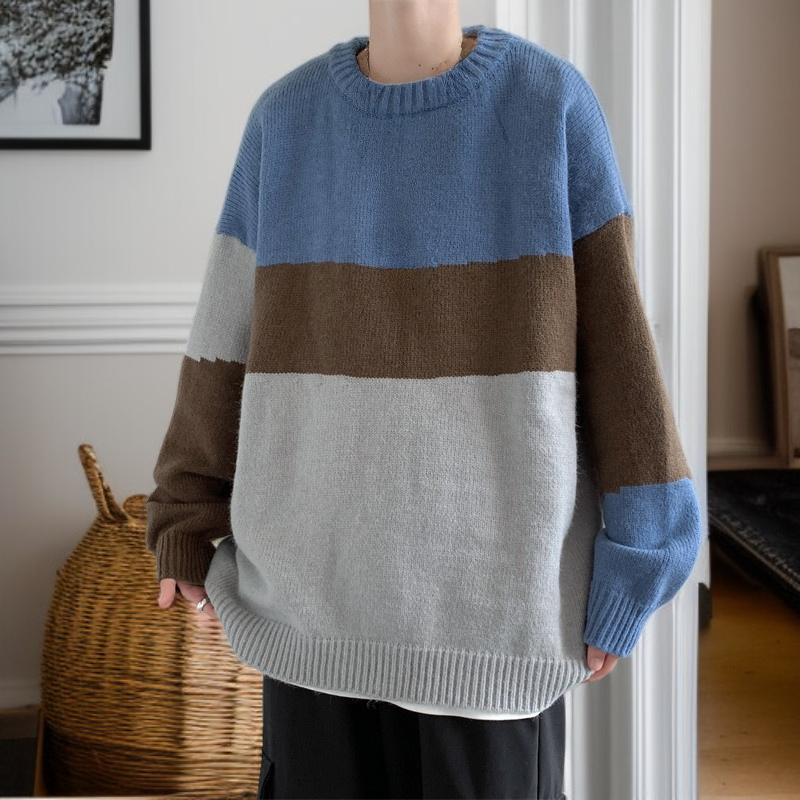 컬러 블록 크루넥 스웨터