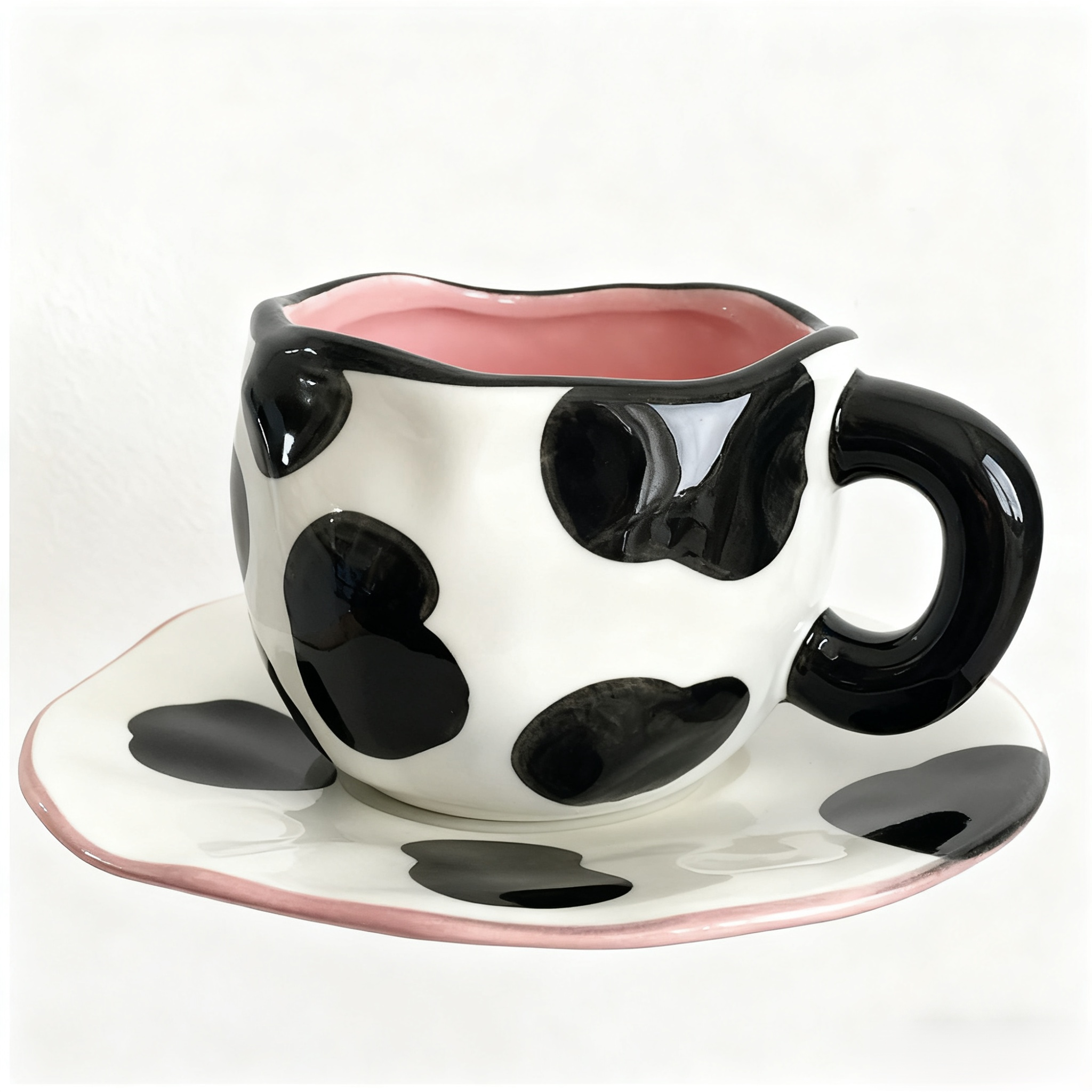 신선하고 레트로하며 여성스러운 핸드메이드 커피 컵과 접시