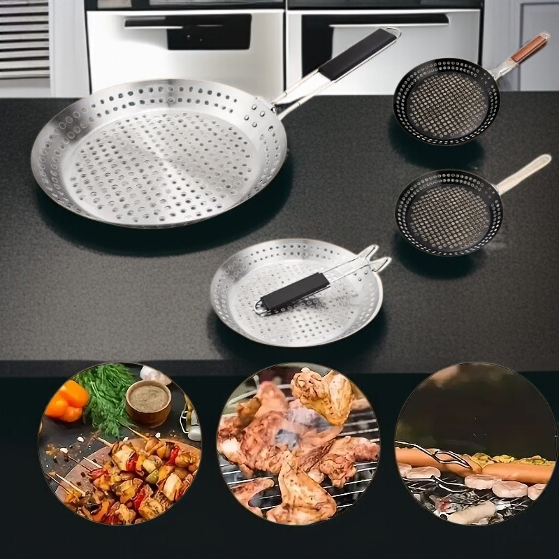 휴대용 Bbq 불판 야외 접이식 야채판 원형 펀칭 불판 나무 손잡이 야외 바베큐 접시