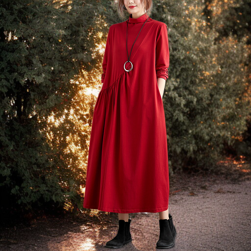 文学的なレトロなルーズコットンドレスレディースドレスハーフハイネックボトムドレスハーフハイネックルーズコットンレディースドレスドレス