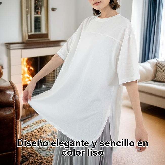 Elegante blusa holgada, de manga corta y cuello redondo en color liso para el trabajo.