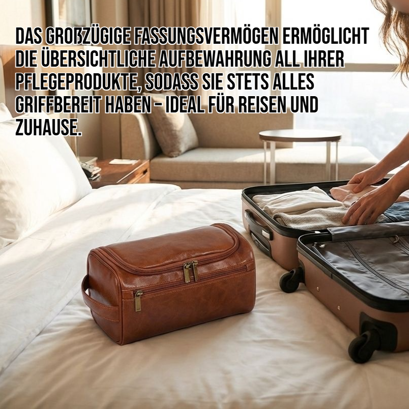 Kosmetik- und Kulturbeutel aus Leder mit großem Fassungsvermögen und mehreren Fächern