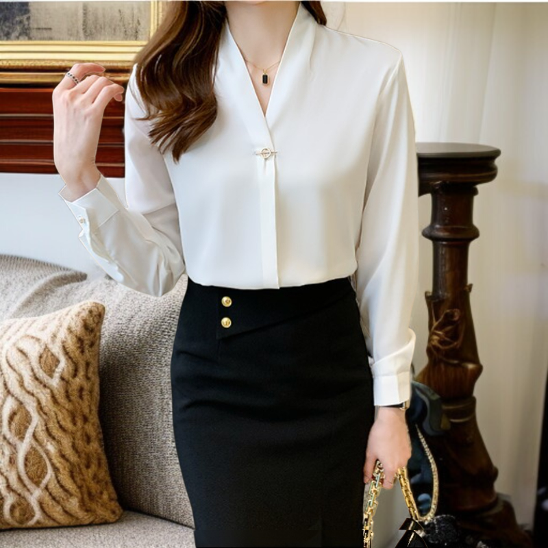 여성 화이트 긴팔 작업복 브이넥 긴팔 셔츠 패션 기질 정장 화이트 셔츠 여