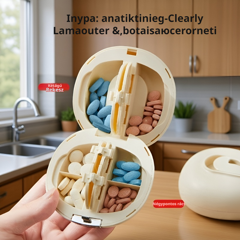 Kör alakú gyógyszertartó, hordozható rekeszes tároló