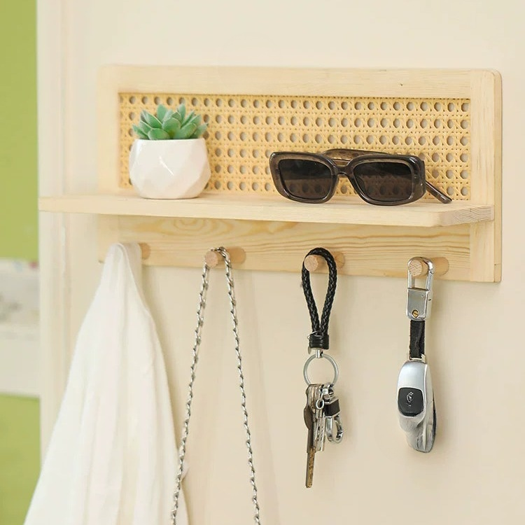 Multi-Purpose Solid Wood Rattan Storage Shelf
