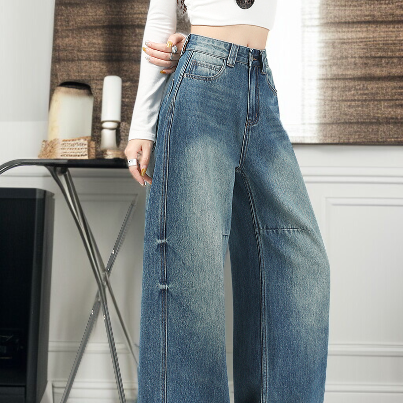 女性用パッド入り厚手カーブド・ジーンズ 冬のマイクロファット洋ナシ型レトロワイドパンツ股ストレートパンツ