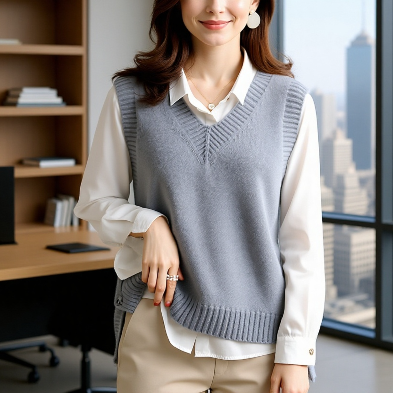 レディース ニットベスト 春秋用 ゆったりVネック 体型カバー 重ね着インナー