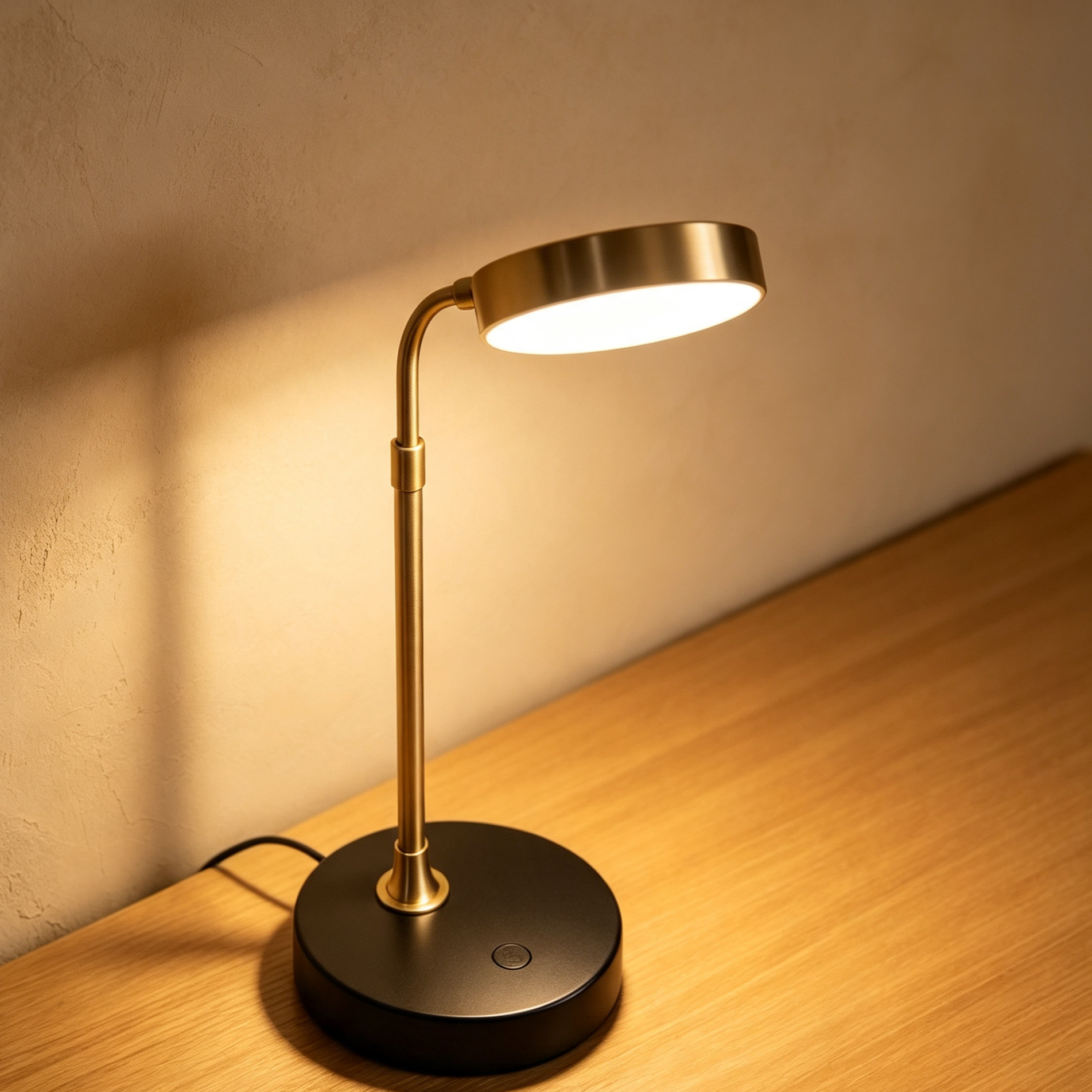 Close-up of brass finish on LED desktop lamp