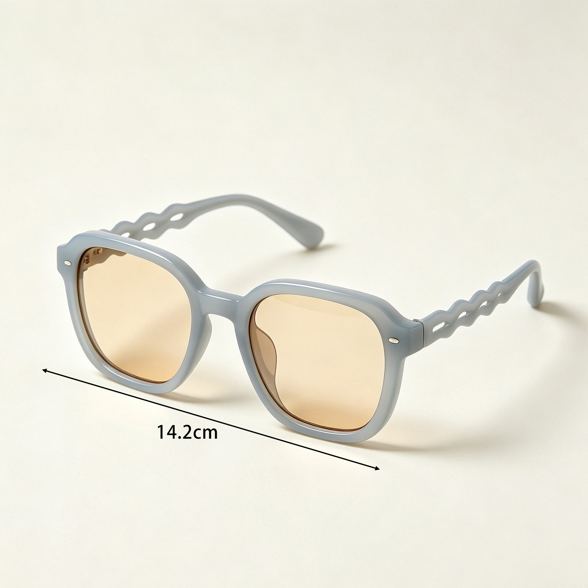 Light blue square sunglasses with wavy edges on display