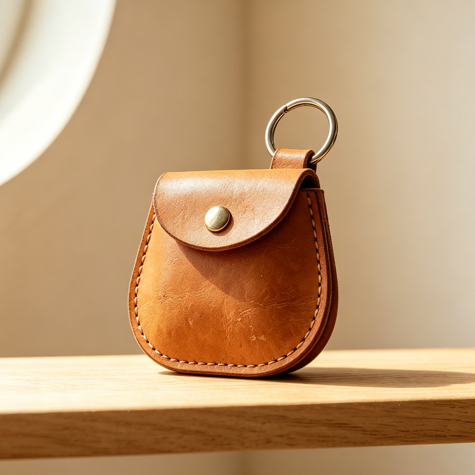 Close-up of brown leather key pouch with metal keyring