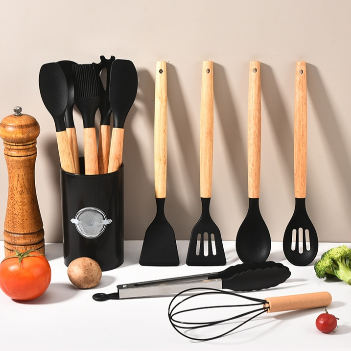 Hochwertiges Silikon-Küchenwerkzeugset mit Holzgriff, hitzebeständig und leicht zu reinigen