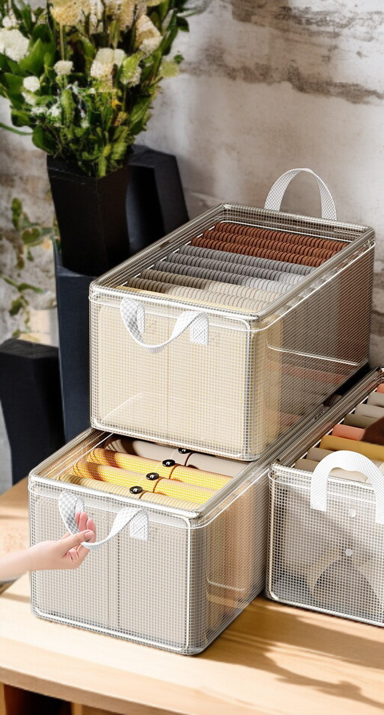 透明折りたたみ式衣類収納かごの全体画像