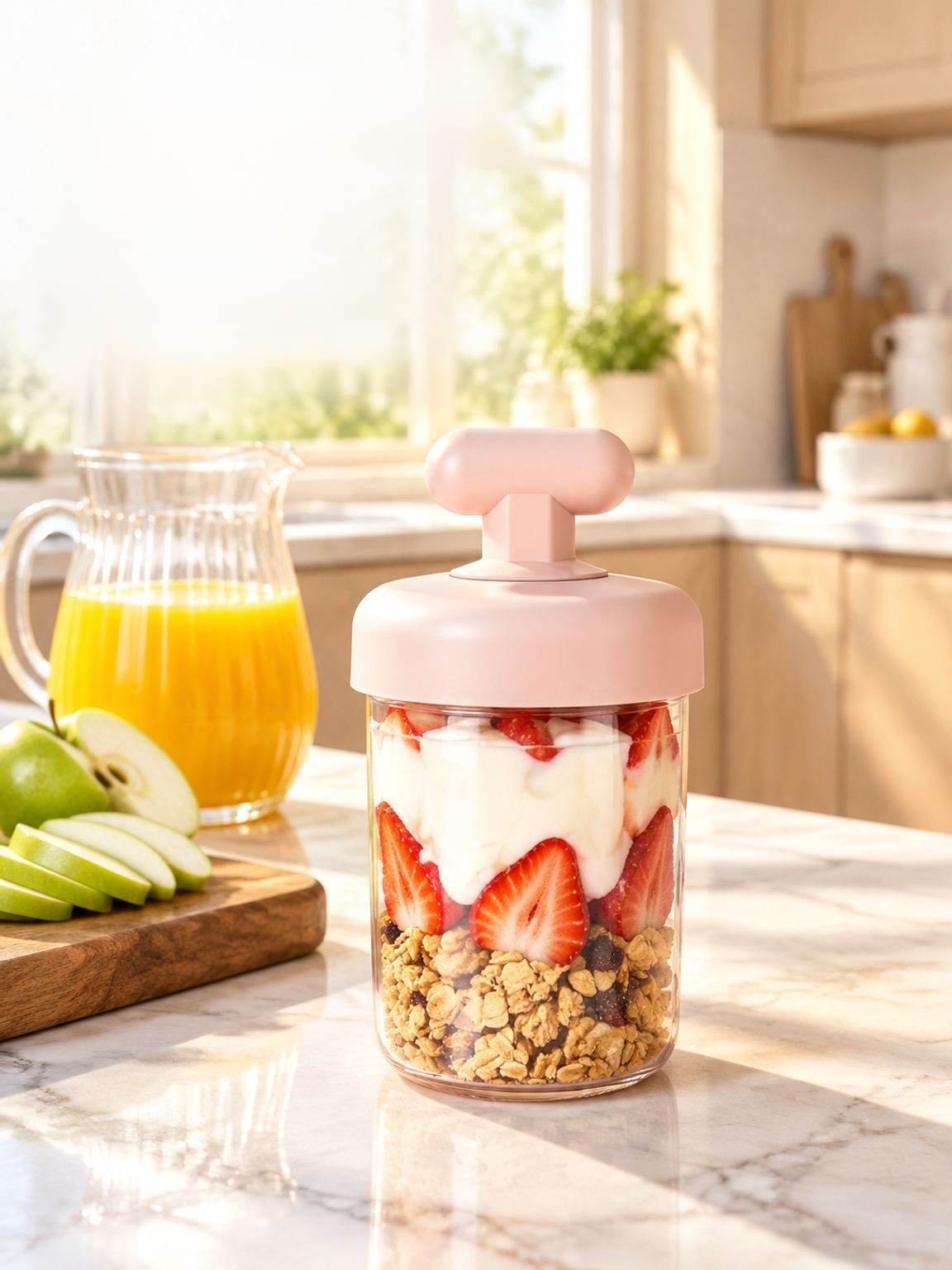 Tragbarer, auslaufsicherer Frühstücksbecher mit Deckel, Löffel und Fächern (für Joghurt/Haferbrei)