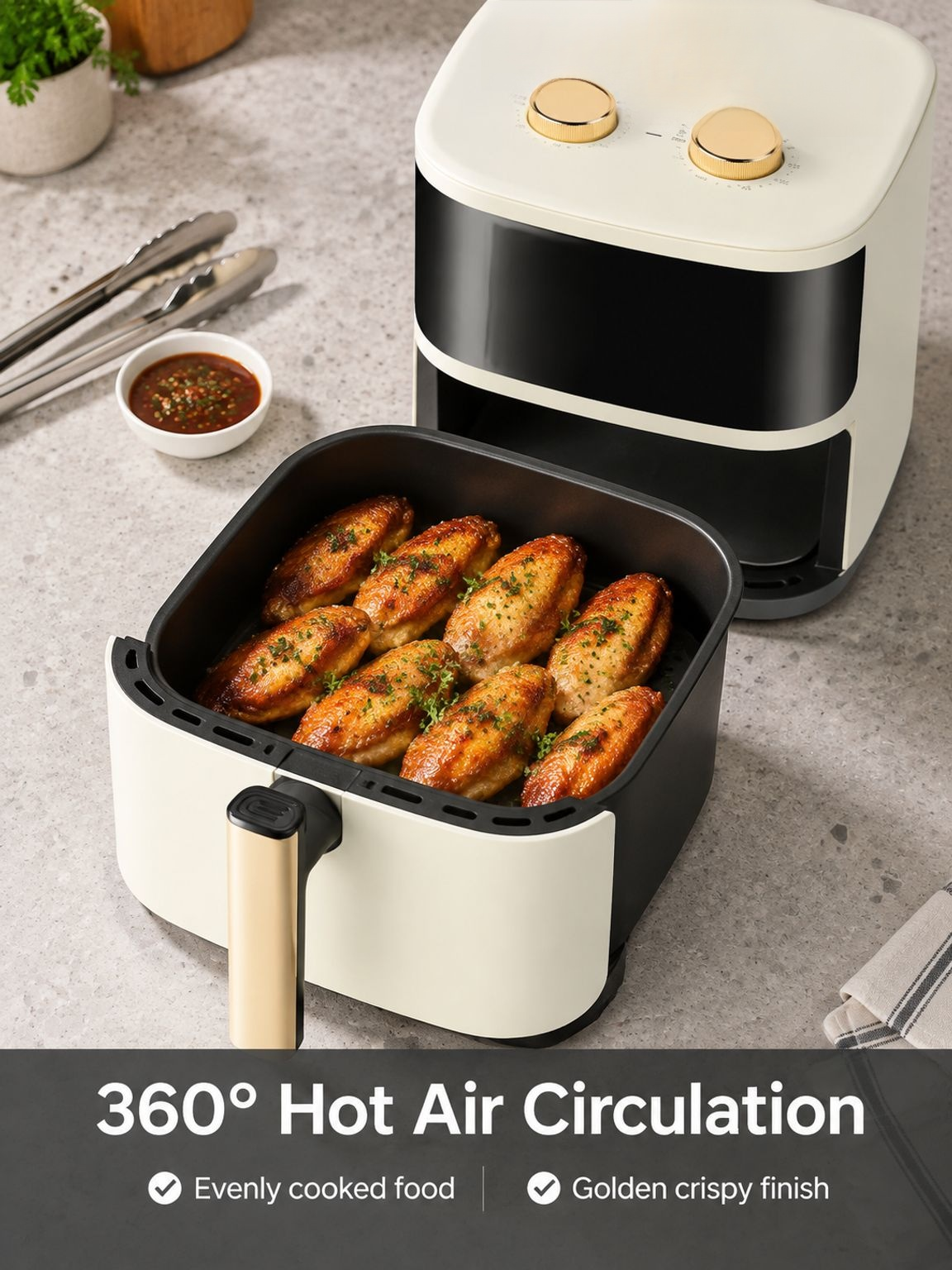 Healthy air fryer meal ready to serve at the table