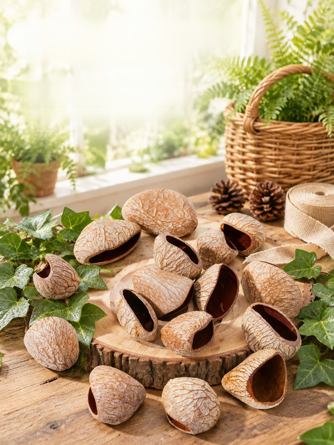Rustic nut shell components for creative craft making