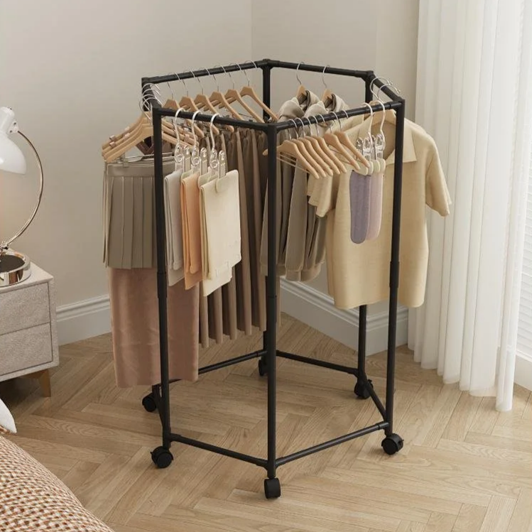 Hexagonal Rotating Floor Clothes Rack, Movable Dormitory Indoor Coat Hanger