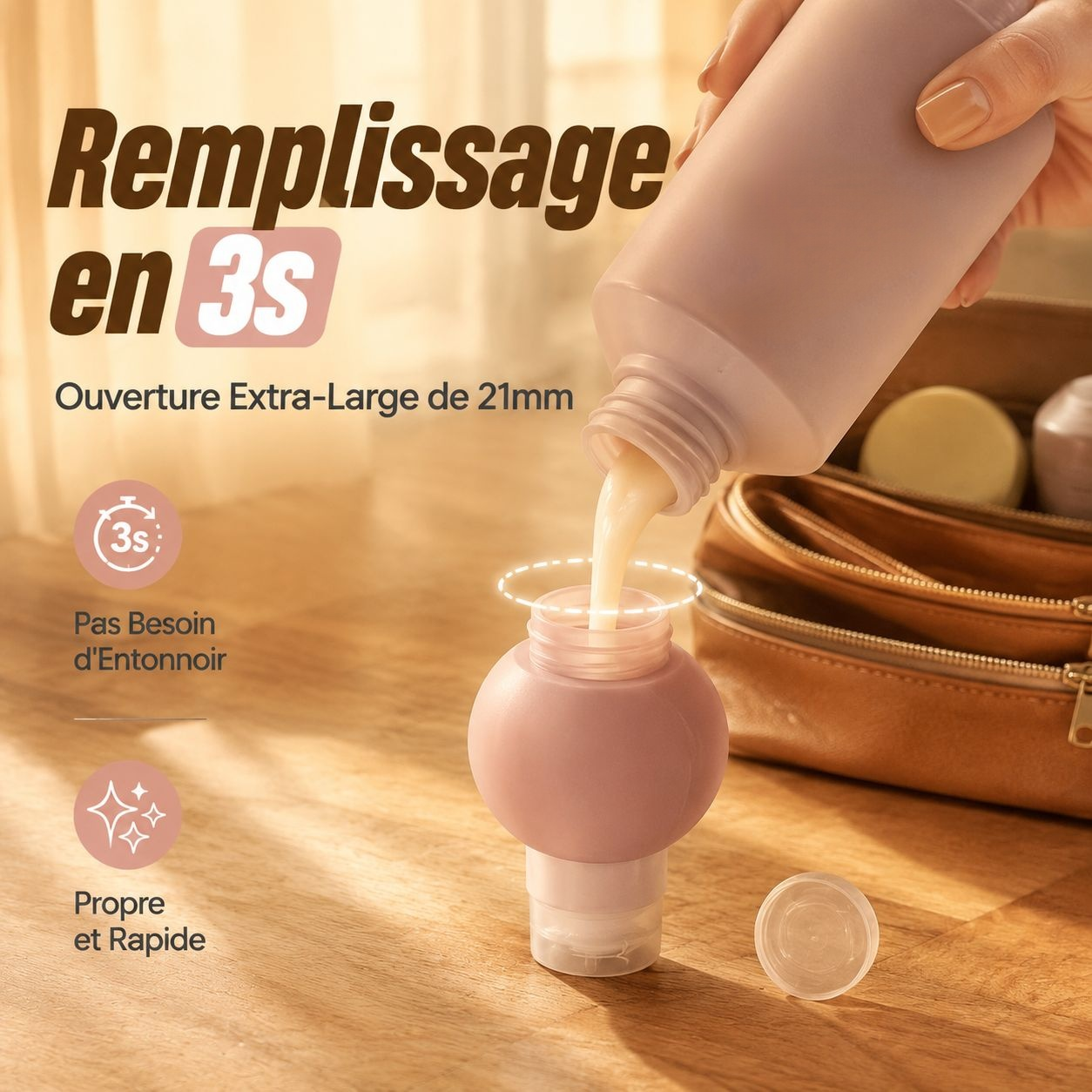 Flacon de voyage en silicone pour shampooing et gel douche