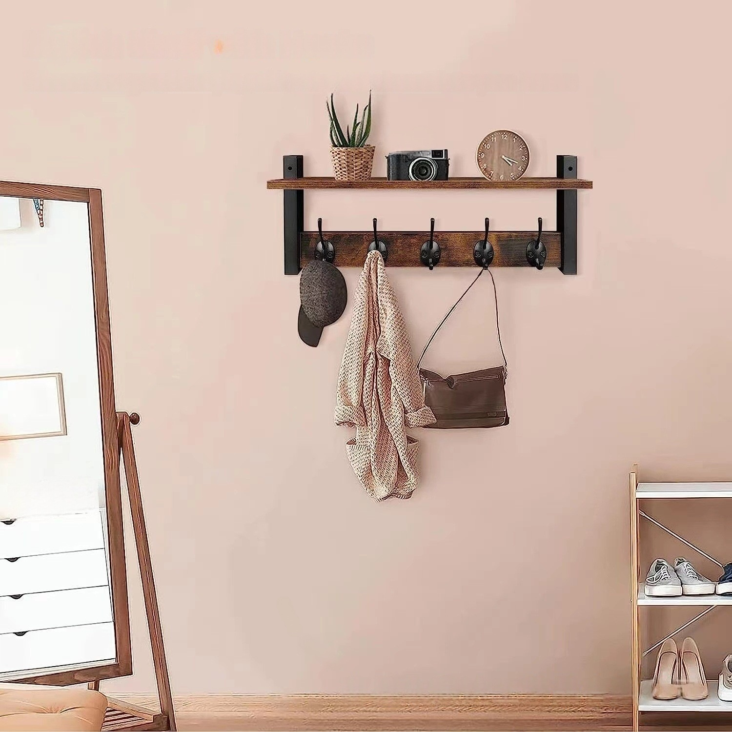 벽면 고정형 원목 수납 선반