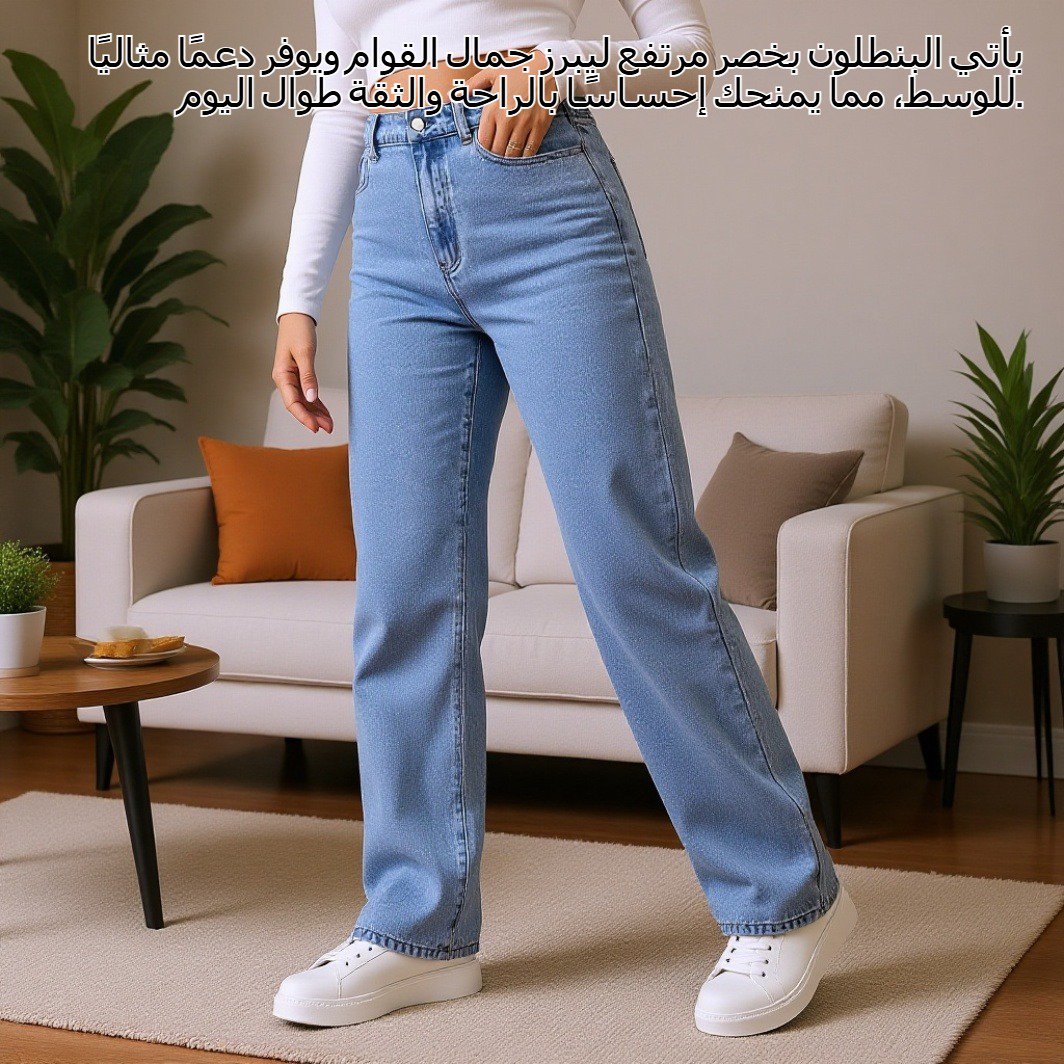بنطلون جينز نسائي مستقيم ضيق بخصر مرتفع