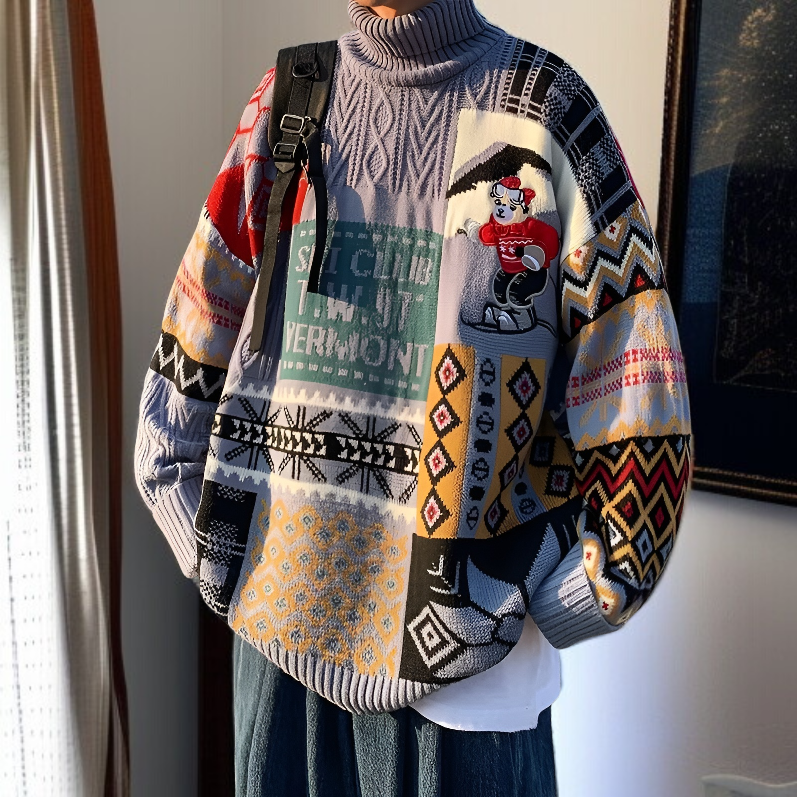 Christmas turtleneck sweater for men and women, autumn and winter, American preppy style, fleece-lin