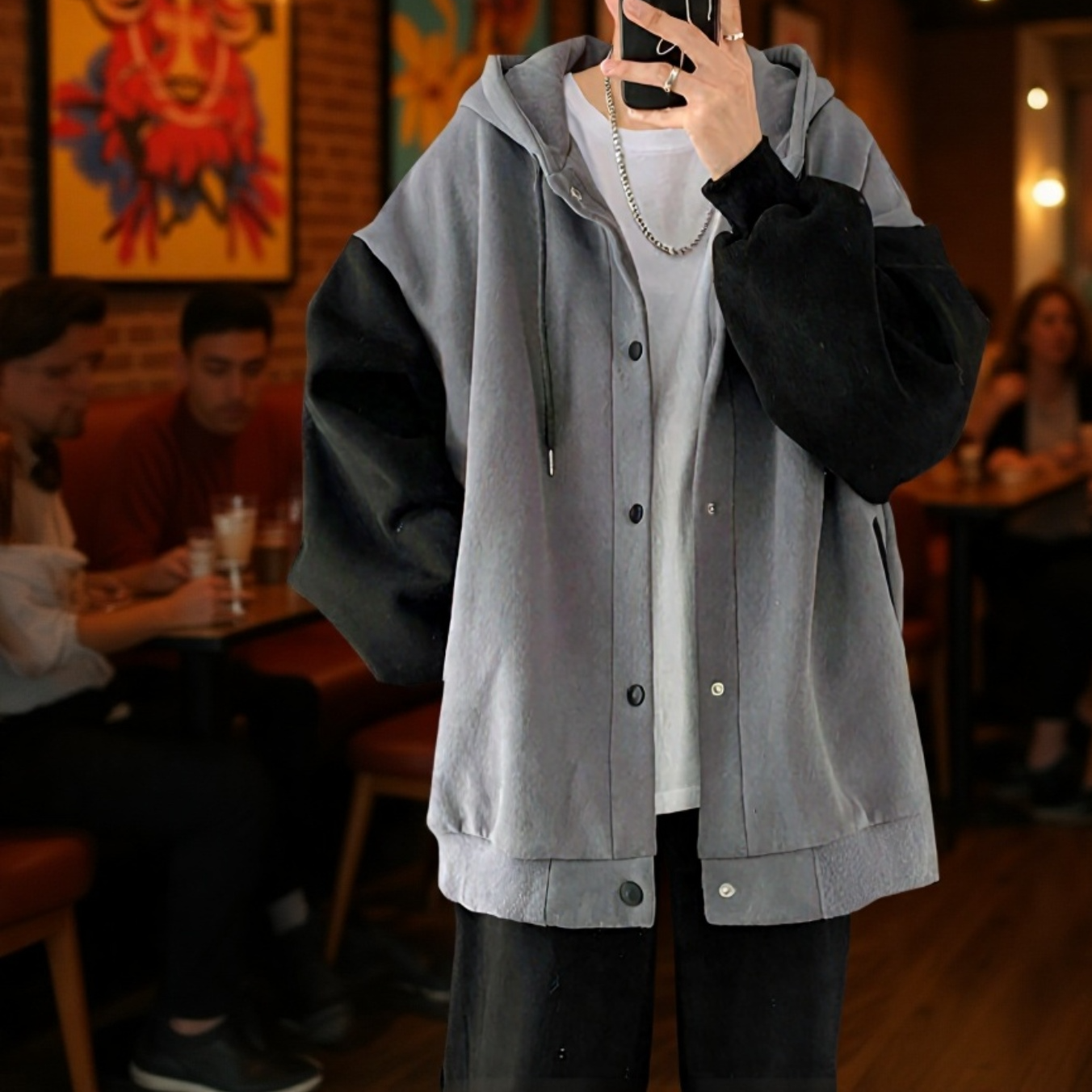 香港スタイルの秋と冬の男性用カジュアルカーディガンジャケット、ベルベットと厚みのあるトレンディなスプライシングスウェットシャツ、ルーズフード付きスウェットシャツ、カップル着用