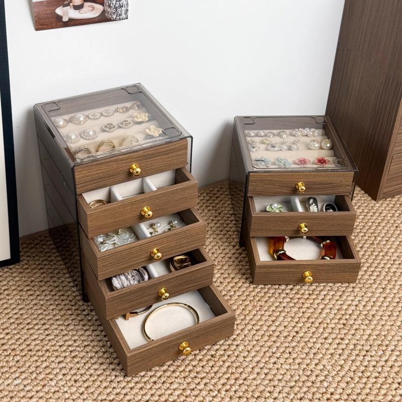 다층 호두나무 무늬 반지 귀걸이 수납함