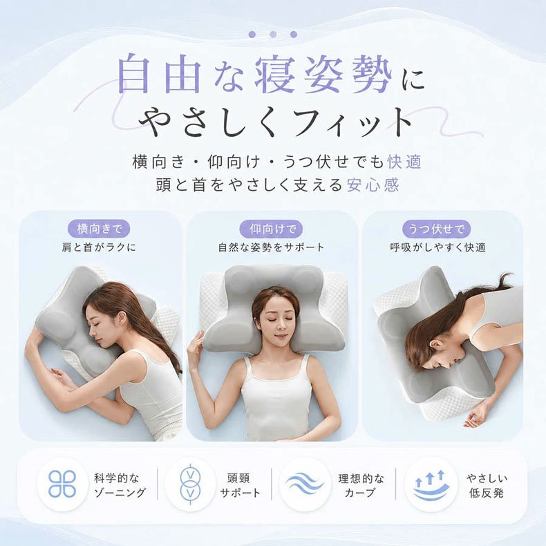 首のカーブにフィットする蝶型設計低反発まくら