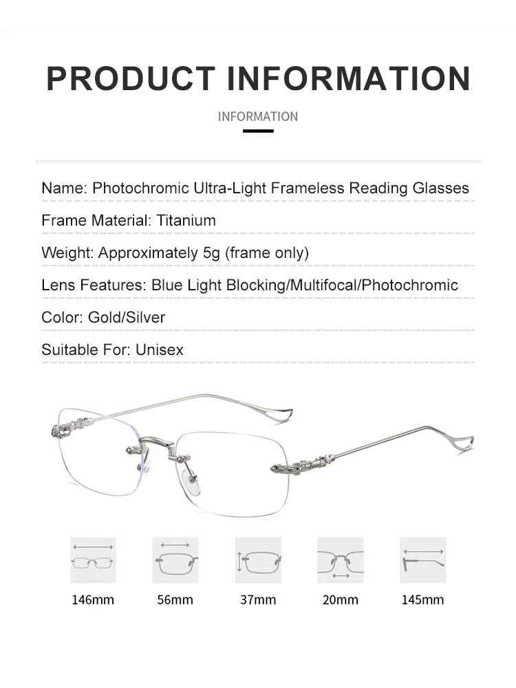 Light-sensitive colour-changing zoom rimless presbyopia glasses 【Men's and women's models】