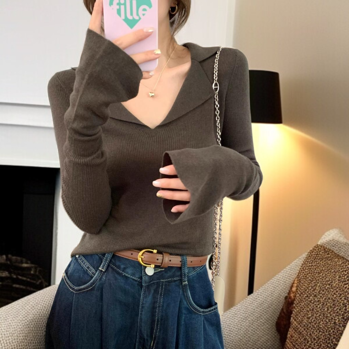 여자 추동 이너 쇄골 시크 긴팔 니트 브이넥 이너 톱