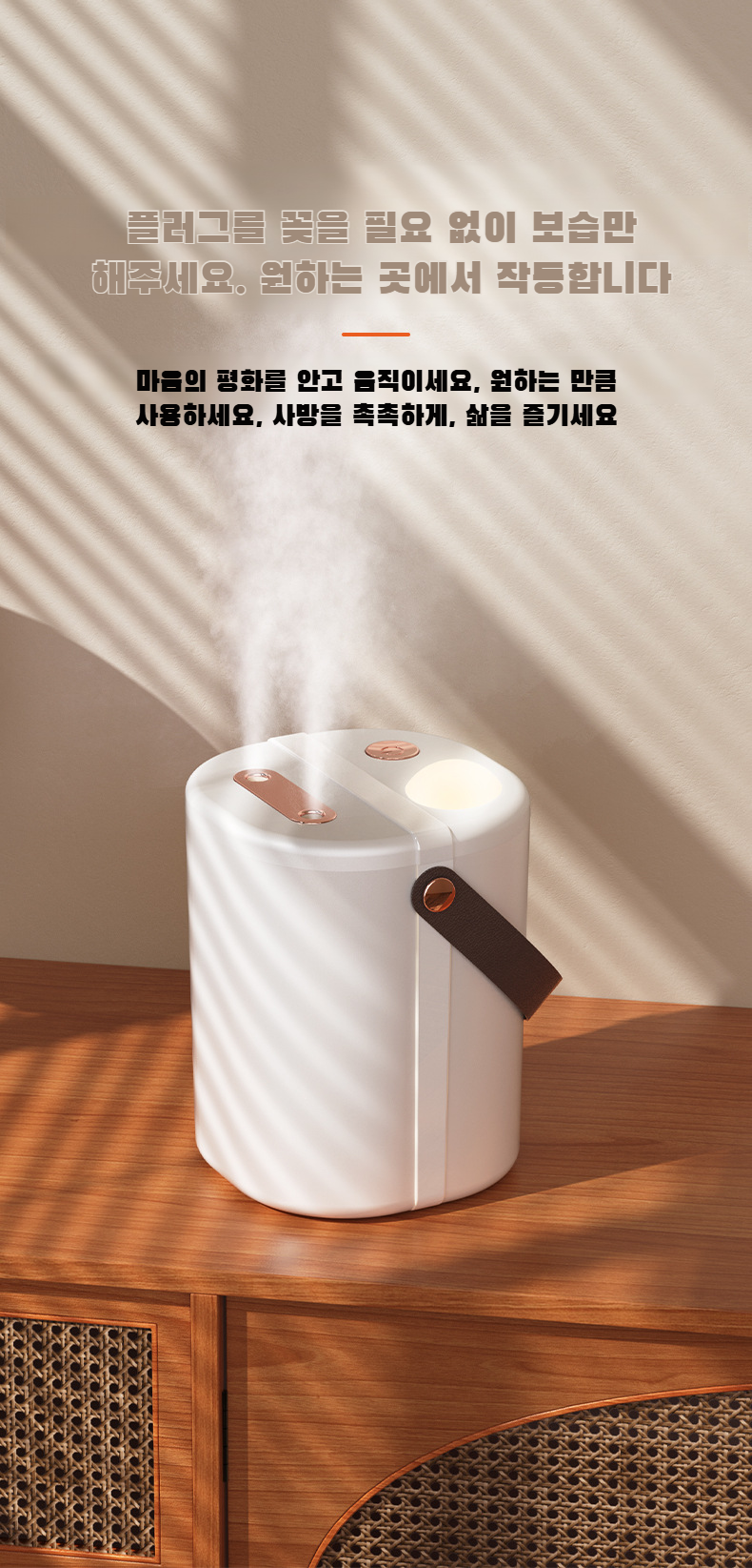 듀얼 분사구가 작동중인 무음 가습기